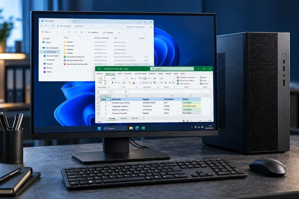 Ilustração de um computador de mesa com monitor, gabinete e teclado sobre uma mesa