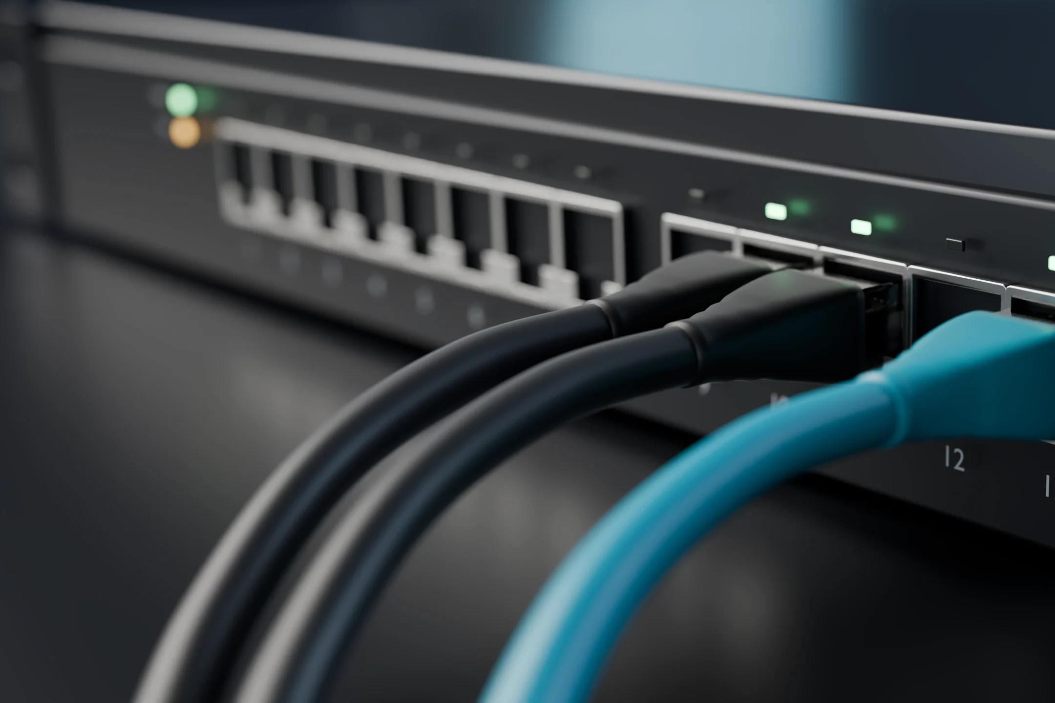 Cabos de rede conectados às portas de um switch