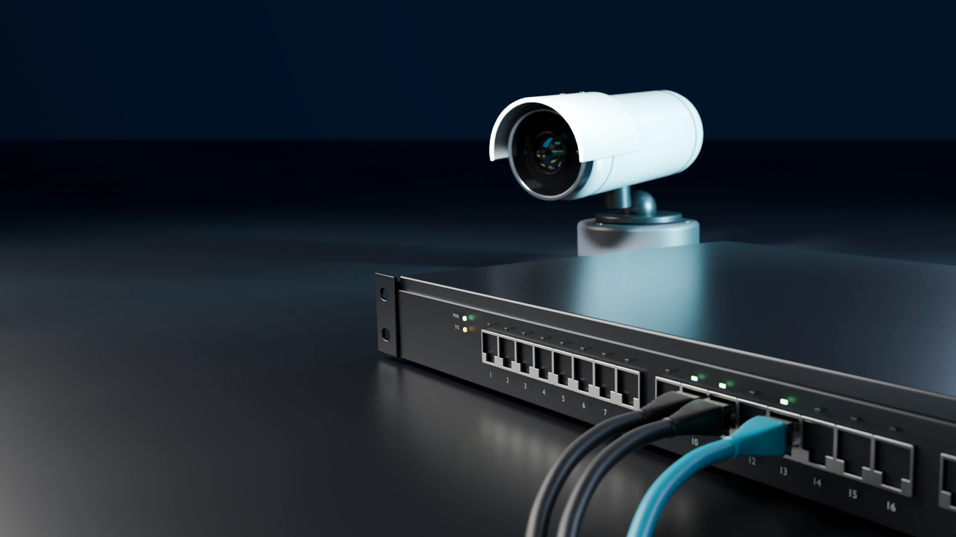 Switch de rede com cabos conectados e uma câmera de segurança ao fundo